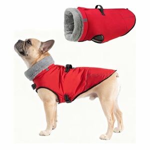 Harness Built in Cozy Red Dog Jacket with Gray Trim Size:Medium